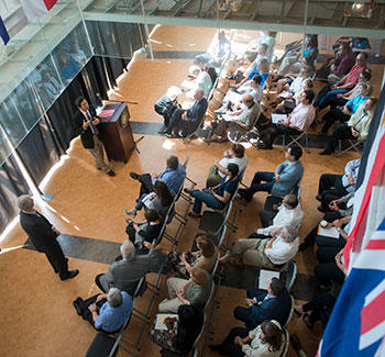 David Wu speaks to faculty and staff at a Prince William Campus Town Hall