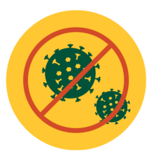 Graphic of two virus cells, with the symbol for "not" over top.