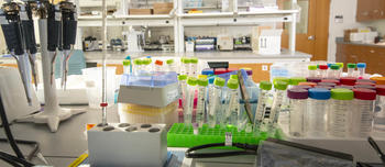 Pipets, beakers, test tubes, and other lab equipment sit on a desk.